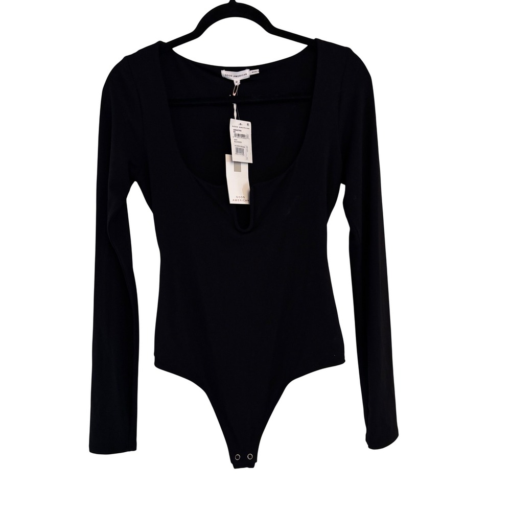 Good American Black U-Neck Notched Long Sleeve Bodysuit GB0427NA Size 2 M